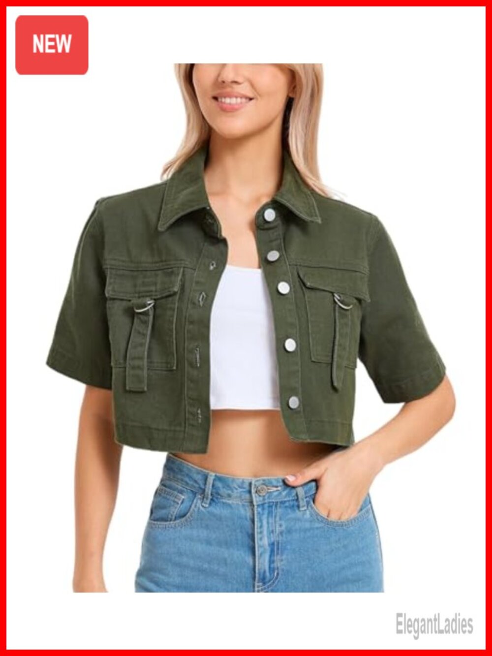 Cropped Denim Jacket Women Short Sleeve Button Down
